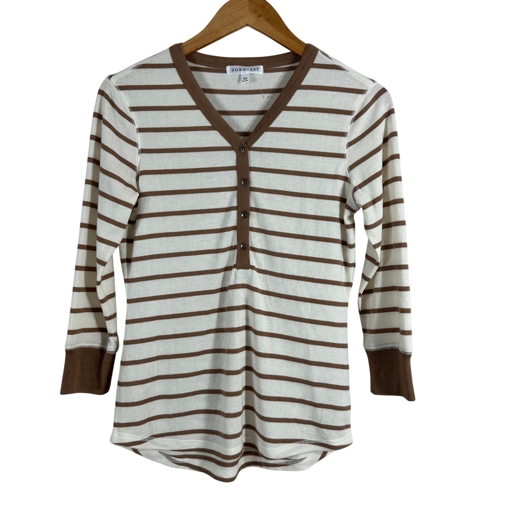 DownEast Womens Brown White Striped Henley V-Neck 3/4 Sleeve Top XS DB20010024